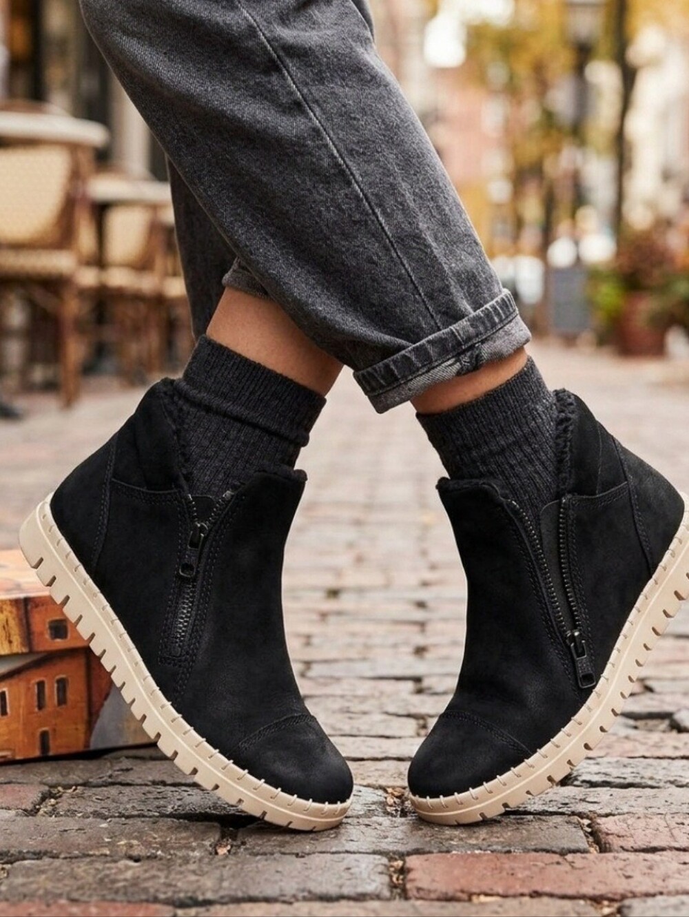 Bella Vita Suede Black Slip-On Loafers with Side Zipper and Cream Sole 7.5 NWT
